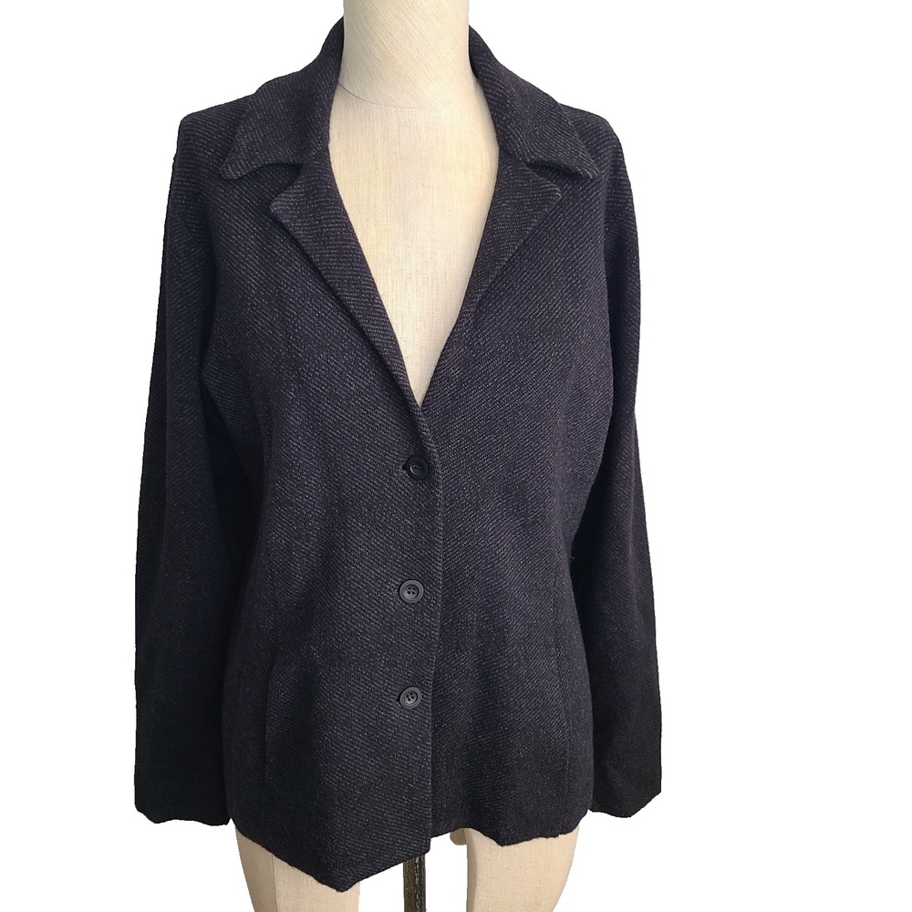 Eileen Fisher Blazer Jacket M Black Wool Blend Herringbone Weave Knit 3 Button